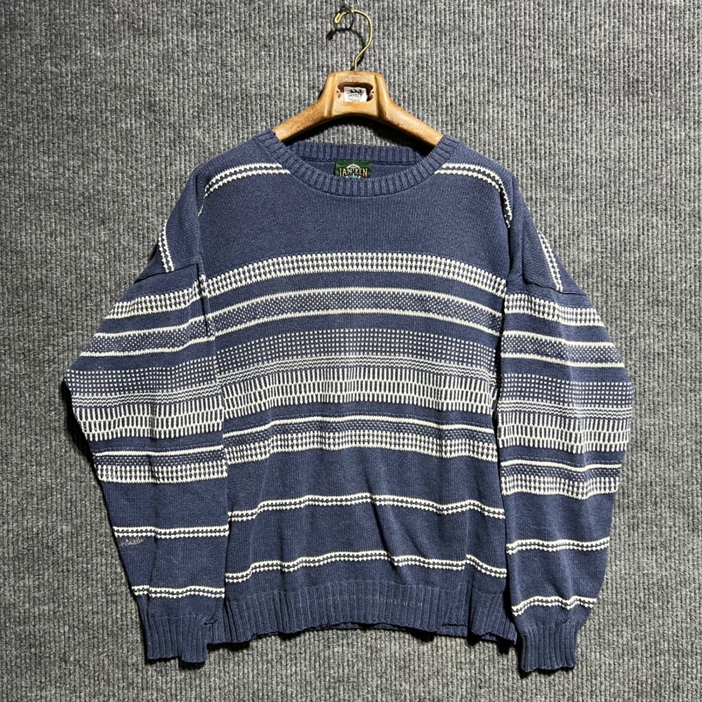 Vintage Jantzen Sweater Mens XL Blue Striped Knit Crewneck 90s Made in USA
